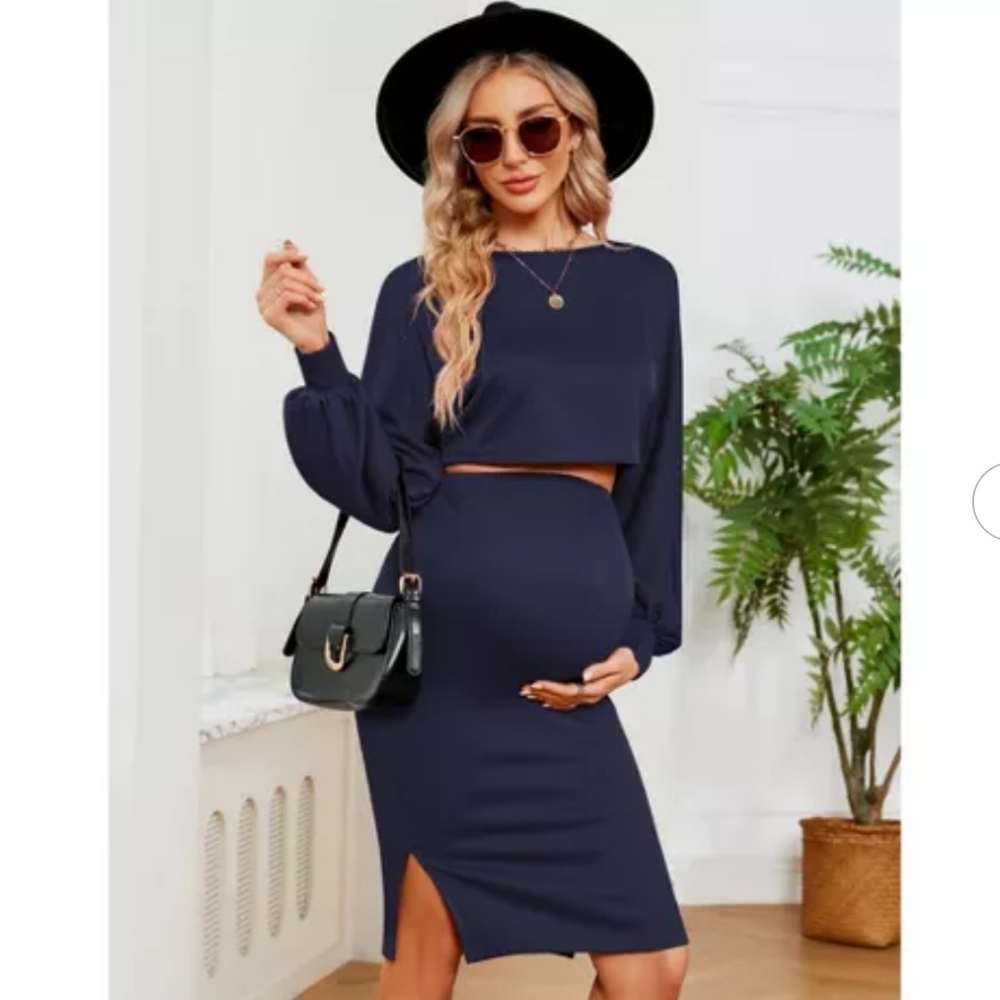 Set: Maternity 2 Piece Outfit Dress Long Sleeve Ribbed Knit Top Bodycon Medium